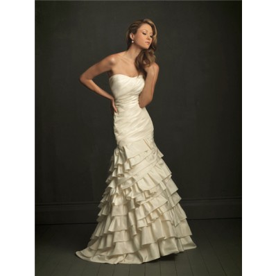Elegant Mermaid Strapless Layered Ivory Taffeta Wedding Dress With Ruching Ruffles