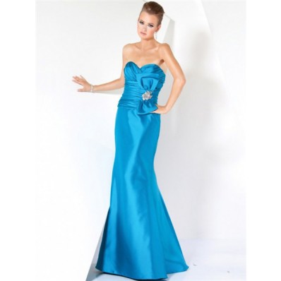 Elegant Mermaid Strapless Long Blue Satin Ruched Evening Prom Dress With Bow