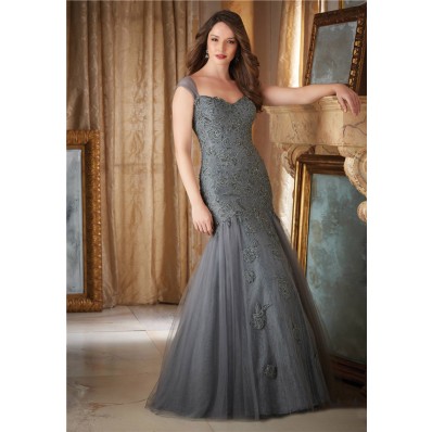Elegant Mermaid Sweetheart Charcoal Grey Tulle Lace Beaded Evening Dress With Straps