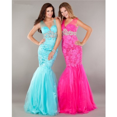 Elegant Mermaid V Neck Hot Pink Tulle Lace Beaded Prom Dress