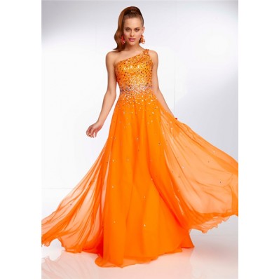 Elegant One Shoulder Long Neon Orange Chiffon Beaded Prom Dress Open Back