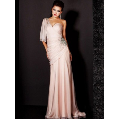 Elegant Sheath One Shoulder Long Light Pink Chiffon Beaded Evening Wear Dress