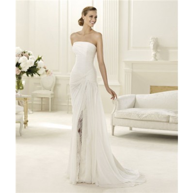 Elegant Sheath Strapless Ruched Chiffon Beach Wedding Dress With Lace Slit