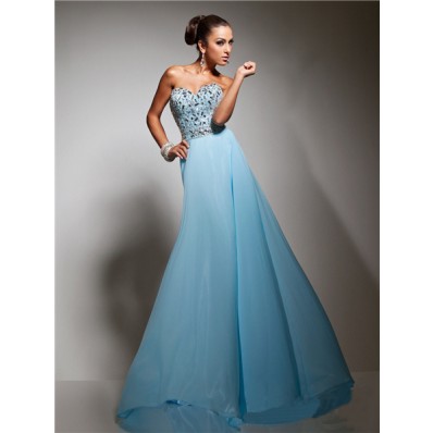 Elegant Sweetheart Long Light Blue Chiffon Beaded Crystals Prom Dress
