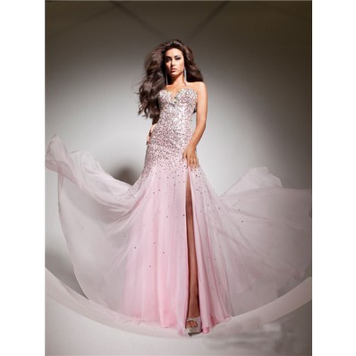 Elegant Sweetheart Pink Beaded Chiffon Flowy Prom Dress With Slit