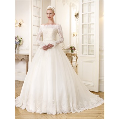 Fairy Ball Gown Off The Shoulder Long Sleeve Organza Lace Wedding Dress With Sash