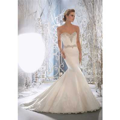 Fairy Tale Mermaid Sweetheart Crystal Beaded Satin Wedding Dress With Lace Buttons
