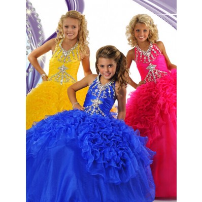 Fancy Ball Gown Halter Royal Blue Organza Ruffle Beaded Girls Pageant Party Prom Dress