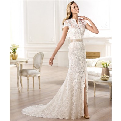 Fashion A Line High Neck Cap Sleeve Lace Wedding Dress With Slit Sash Bow