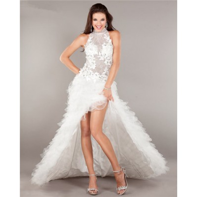 Fashion High Low Backless White Lace Tulle Ruffle Prom Dress With Collar