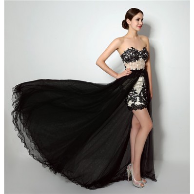 Fashion High Low Black Lace Tulle Corset Prom Dress With Detachable Skirt