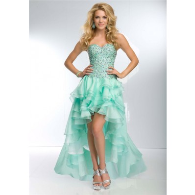 Fashion High Low Sweetheart Neckline Mint Green Organza Ruffle Beaded Prom Dress