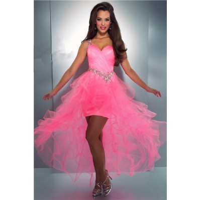 Fashion One Shoulder Hi Low Pink Organza Ruffle Beaded Party Prom Dress