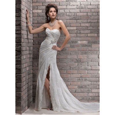 Fashion Sheath Sweetheart Lace Wedding Dress With Slit Crystal Sash