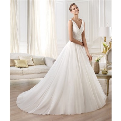 Fashion Simple A Line Princess V Neck Chiffon Organza Draped Wedding Dress