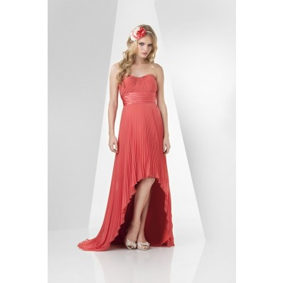 Fashion Strapless High Low Coral Charmeuse Chiffon Pleated Wedding Party Bridesmaid Dress