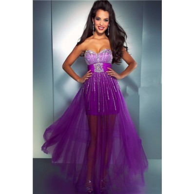 Fashion Sweetheart High Low Purple Tulle Beaded Sequin Prom Dress