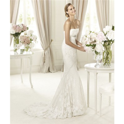 Fit And Flare Mermaid Strapless Lace Wedding Dress With Crystal Sash Buttons