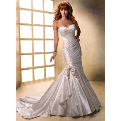 Fit And Flare Mermaid Sweetheart Ruched Satin Wedding Dress With Flowers