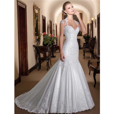 Fit And Flare Queen Anne Neckline Cap Sleeve Tulle Lace Mermaid Wedding Dress