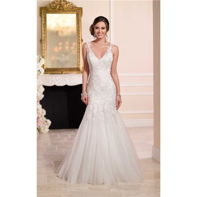 Fit And Flare V Neck Open Back Venice Lace Tulle Wedding Dress With Straps