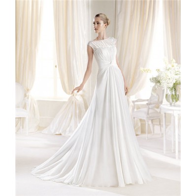 Fitted A Line Boat Neck Cap Sleeves Draped Chiffon Wedding Dress With Buttons