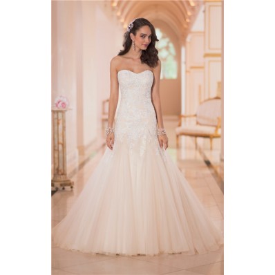 Fitted A Line Strapless Champagne Colored Tulle Lace Corset Wedding Dress