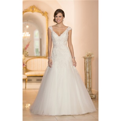 Fitted A Line V Neck Cap Sleeve Tulle Lace Beaded Wedding Dress With Sash
