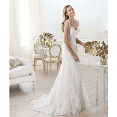 Fitted A Line V Neck Sleeveless Illusion Sheer Back Lace Wedding Dress