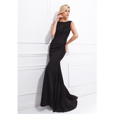 Fitted Bateau Neckline Backless Long Black Chiffon Lace Special Occasion Evening Dress