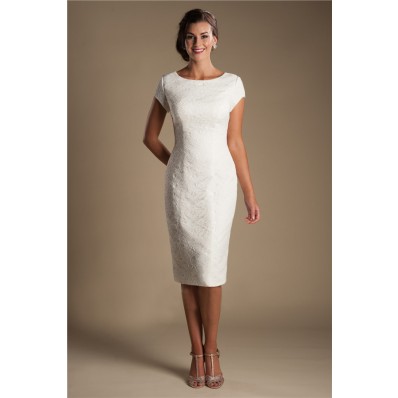 Fitted Cap Sleeve Tea Length Modest Informal Lace Wedding Dress