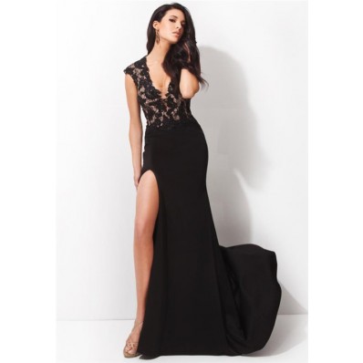 Fitted Deep V Neck Cap Sleeve High Slit Long Black Chiffon Lace Evening Prom Dress