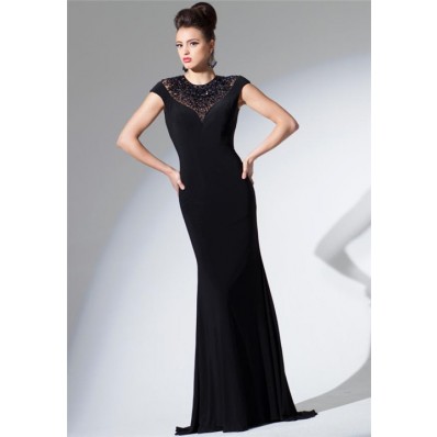 Fitted High Neck Cap Sleeve Keyhole Open Back Black Jersey Beaded Long Evening Dress