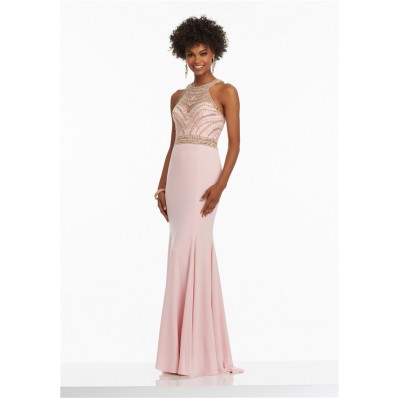 Fitted High Neck Long Pink Jersey Tulle Beaded Prom Dress