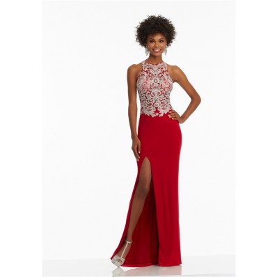 Fitted High Neck Long Red Jersey Embroidery Prom Dress With Slit