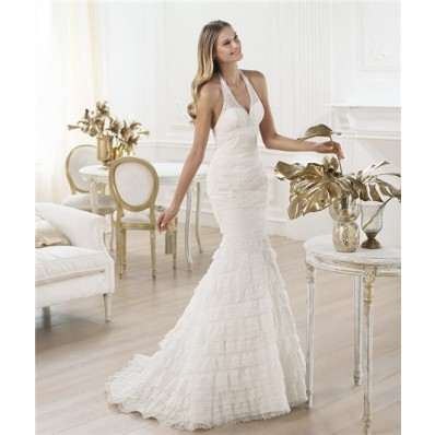 Fitted Mermaid Halter Low Back Tiered Layered Lace Wedding Dress
