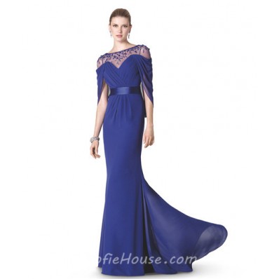 Fitted Mermaid Illusion Neckline Long Purple Chiffon Beaded Formal Evening Dress With Belt