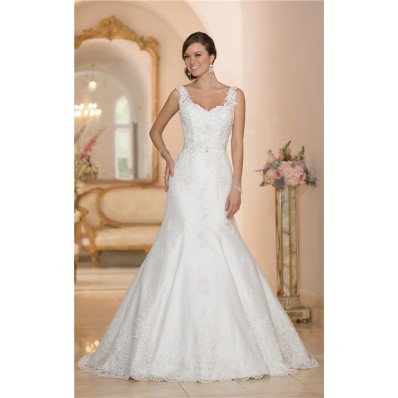 Fitted Mermaid Open Back Tulle Lace Strap Wedding Dress With Sash