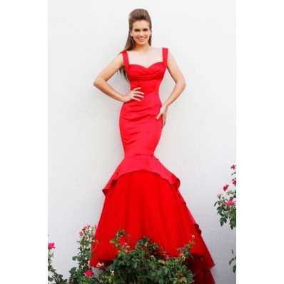 Fitted Mermaid Sweetheart Long Red Satin Tulle Couture Prom Dress With Straps