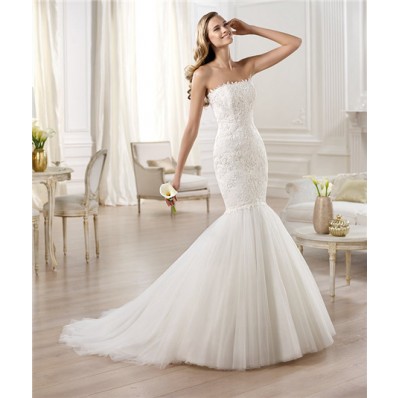 Fitted Mermaid /Trumpet Strapless Tulle Lace Wedding Dress With Buttons