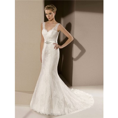 Fitted Mermaid V Neck Low Back Ivory Lace Wedding Dress With Crystal Sash
