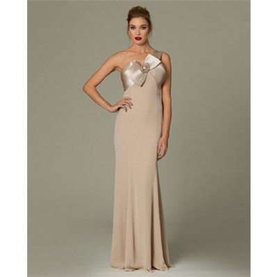 Fitted One Shoulder Long Champagne Chiffon Occasion Evening Dress With Bow