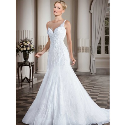 Fitted Trumpet Illusion Bateau Neckline Lace Tulle Beaded Wedding Dress
