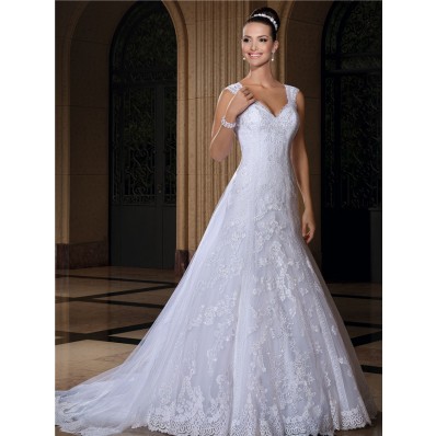 Fitted Trumpet Sleeveless Lace Wedding Dress With Detachable Train