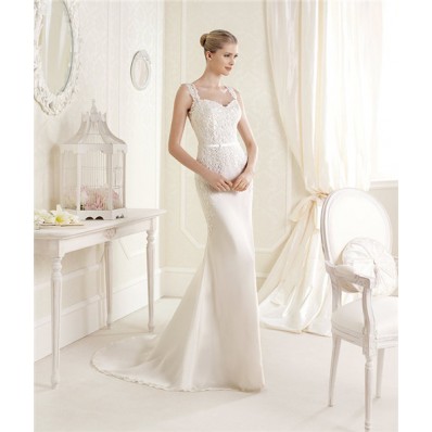 Fitting Sweetheart Neckline Sheer Back Venice Lace Chiffon Wedding Dress With Straps