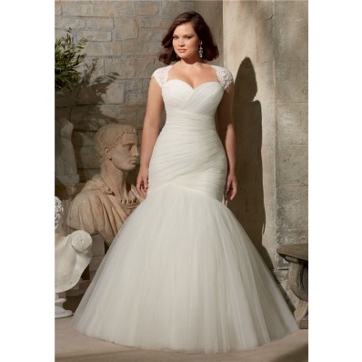 Flare Mermaid Ruched Tulle Corset Plus Size Wedding Dress Detachable Cap Sleeves