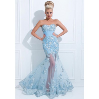 Flared Mermaid Strapless Long Light Blue Tulle Floral Applique Prom Dress Sheer Skirt