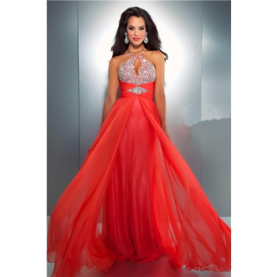 Flowing A Line Spaghetti Strap Cut Out Long Neon Coral Chiffon Beaded Prom Dress