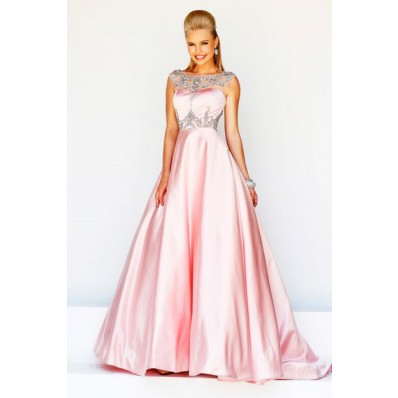 Formal A Line Princess Bateau Neck V Back Long Pink Satin Beaded Evening Prom Dress
