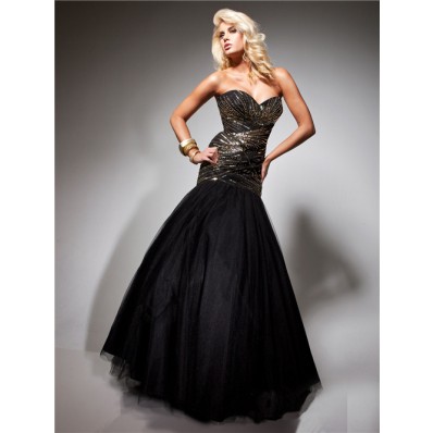 Formal Mermaid Sweetheart Long Gold Beading Black Tulle Evening Prom Dress